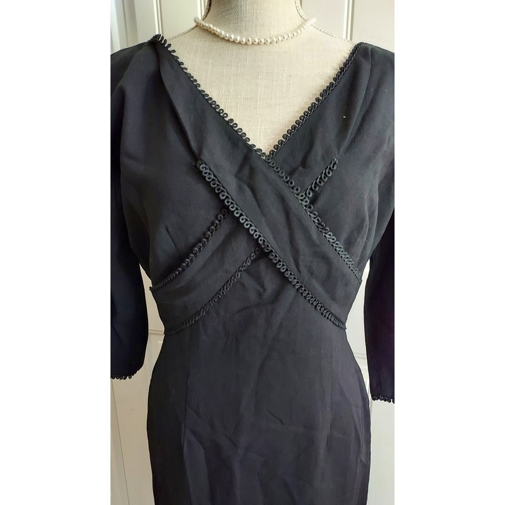 VTG 50s 60s Handmade Solid Black Tie Neck Dress Metal Zipper LBD Mid Century‎ S